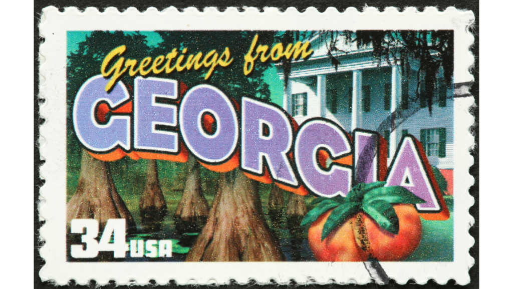 Stamp featuring Georgia peaches and welcoming the viewer to Georgia